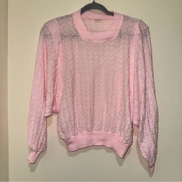 Women’s Vintage Retro Coquette  Singe Stitch Pink Eyelet Long Sleeve Sheer Top - Picture 5 of 14